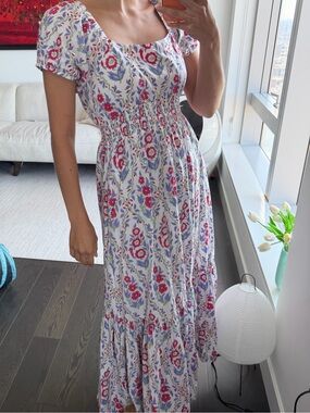 Roller Rabbit Floral Smocked Puff Sleeve Maxi Dress White Pink Blue Cotton Size